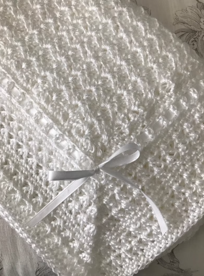 Crocheted white Christening shawl